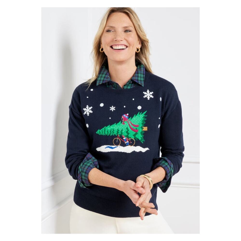 Talbots Dark Navy Blue Holiday Tree&Snowflake Crewneck Sweater Sz.2X NWT - Picture 1 of 13